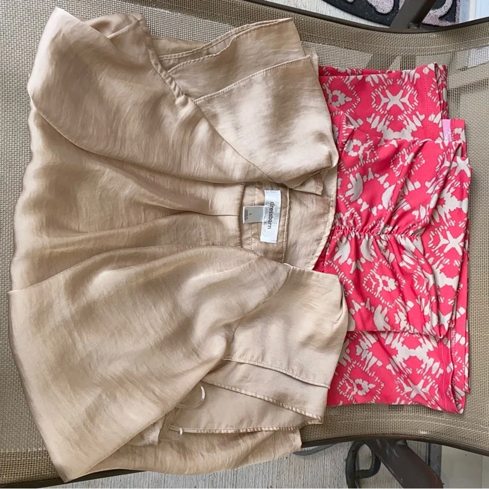VWL Dressbarn Sz-L Beige Silky Top w/ Beige & Peachy/Orange Patterned Skirt Both